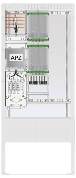 Uno schema di un quadro elettrico, etichettato 'APZ', mostra connessioni dei cavi, interruttori automatici e cavi assicurati.