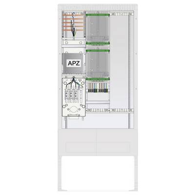 Uno schema di un quadro elettrico, etichettato 'APZ', mostra connessioni dei cavi, interruttori automatici e cavi assicurati.
