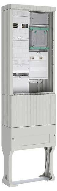 Un pannello elettrico alto e verticale con ante grigie aperte che mostrano più compartimenti e slot per cablaggio all'interno.