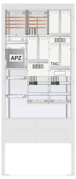 Armadio per apparecchiature di telecomunicazioni con sezioni etichettate 'APZ' e 'TSG', che mostra vari cavi e componenti organizzati all'interno di un telaio metallico.