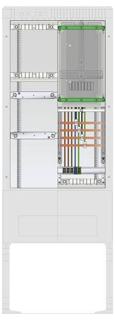 Un quadro elettrico con vari circuiti, fili e componenti organizzati. La sezione superiore ha un coperchio; la parte centrale e inferiore mostrano i cablaggi.