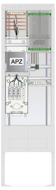 Un interno di un quadro elettrico con sezioni etichettate e cablaggio visibile, che mostra interruttori automatici e componenti organizzati all'interno del pannello.