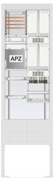 Diagramma di un rack per server di rete che mostra componenti etichettati tra cui 'APZ', cablaggio e vari moduli disposti verticalmente.