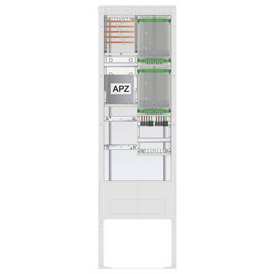 Un'illustrazione digitale di un rack per attrezzature di telecomunicazioni con componenti etichettati, tra cui 'APZ', all'interno di un involucro industriale.