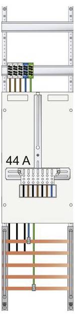 'Schema elettrico di un pannello che mostra un collegamento circuitale da 44A con fili colorati. Componenti principali etichettati, che indicano il percorso dei fili e l'amperaggio.'