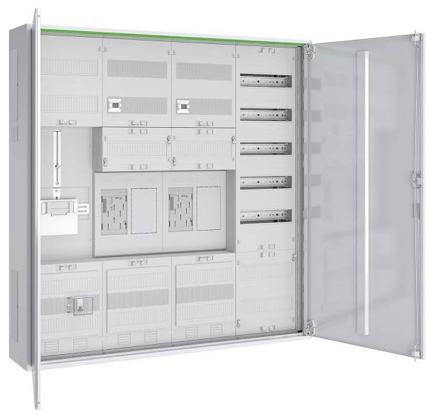 Un rack per server aperto, montato a parete, con diversi slot vuoti e una porta trasparente chiusa sul lato destro, che mostra un layout interno organizzato.