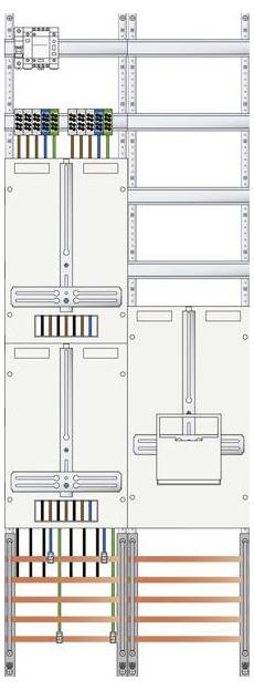Diagramma che mostra una sezione del layout di un quadro elettrico con vari cavi colorati e connessioni, che illustra i percorsi dei cavi e i componenti.