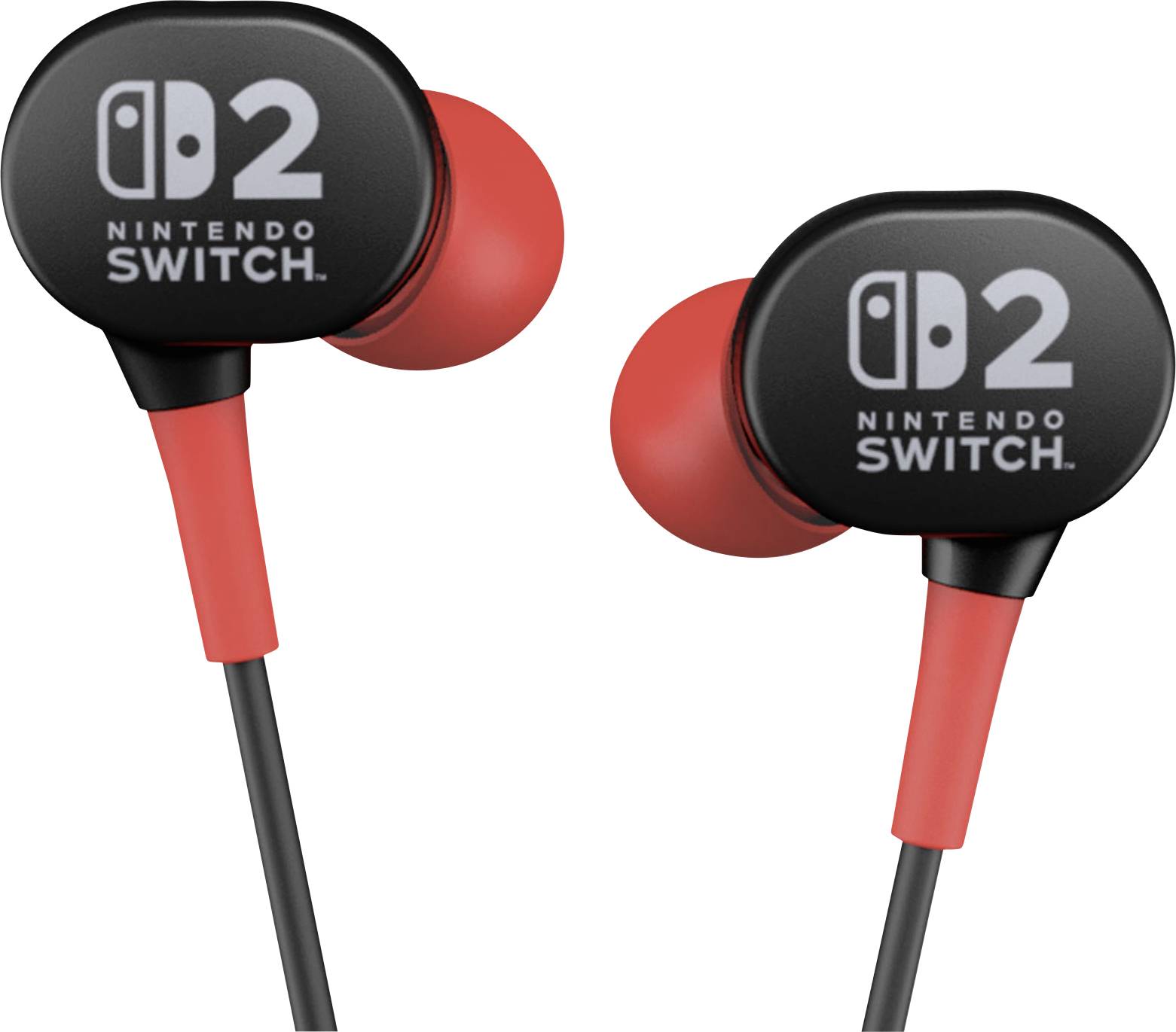 Auricolari rossi e neri progettati per Nintendo Switch, con il logo Nintendo Switch su ciascun padiglione auricolare.
