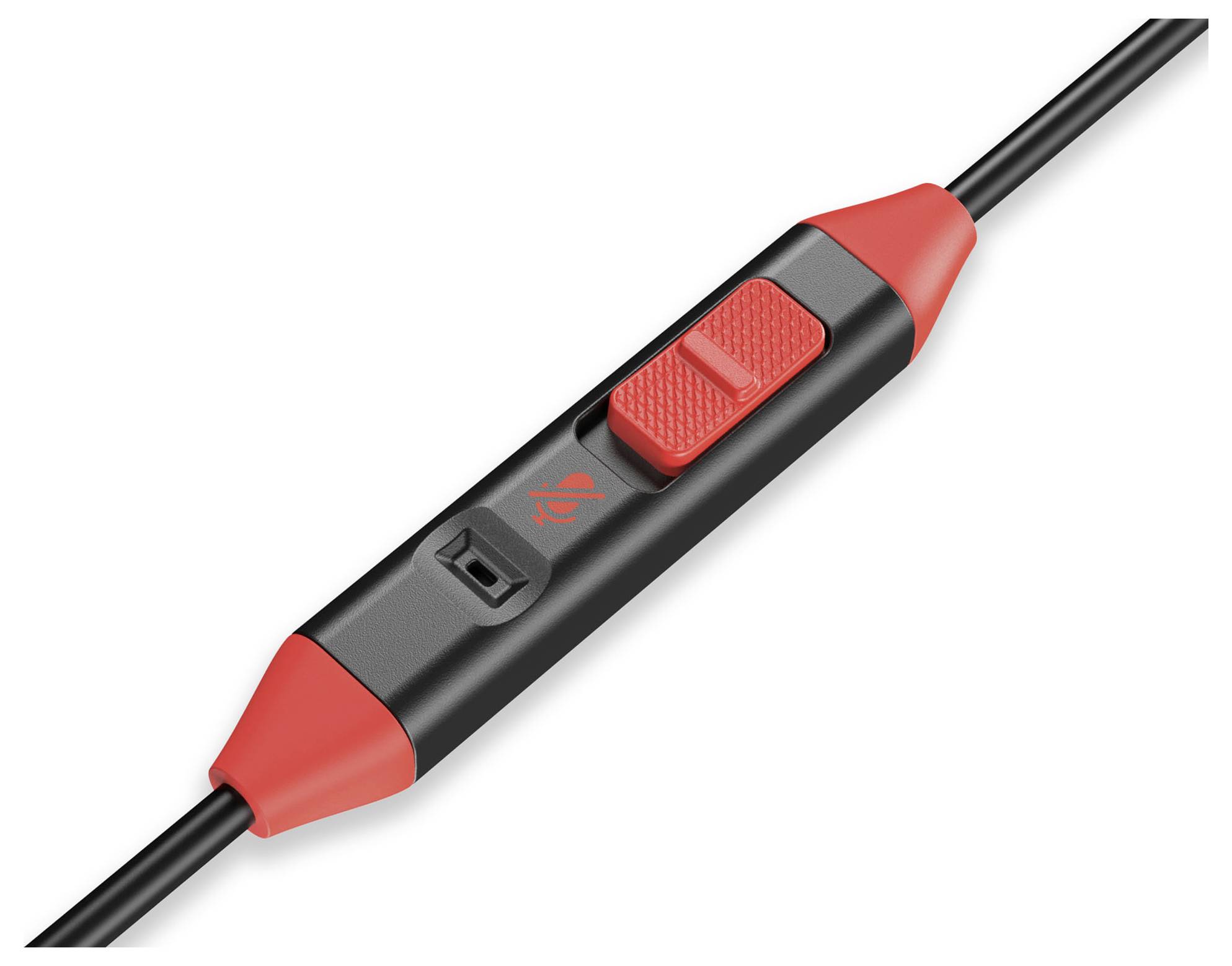 L'immagine mostra un interruttore in linea nero e rosso con un pulsante di disattivazione dell'audio e un controllo del volume su un cavo.
