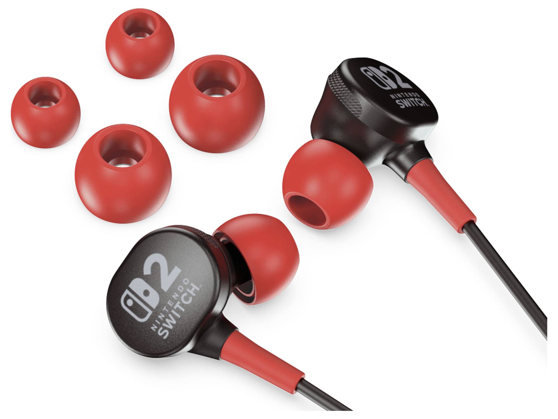 Auricolari rossi e neri con tre taglie aggiuntive di gommini. Progettati per Nintendo Switch con logo sulle cuffie.