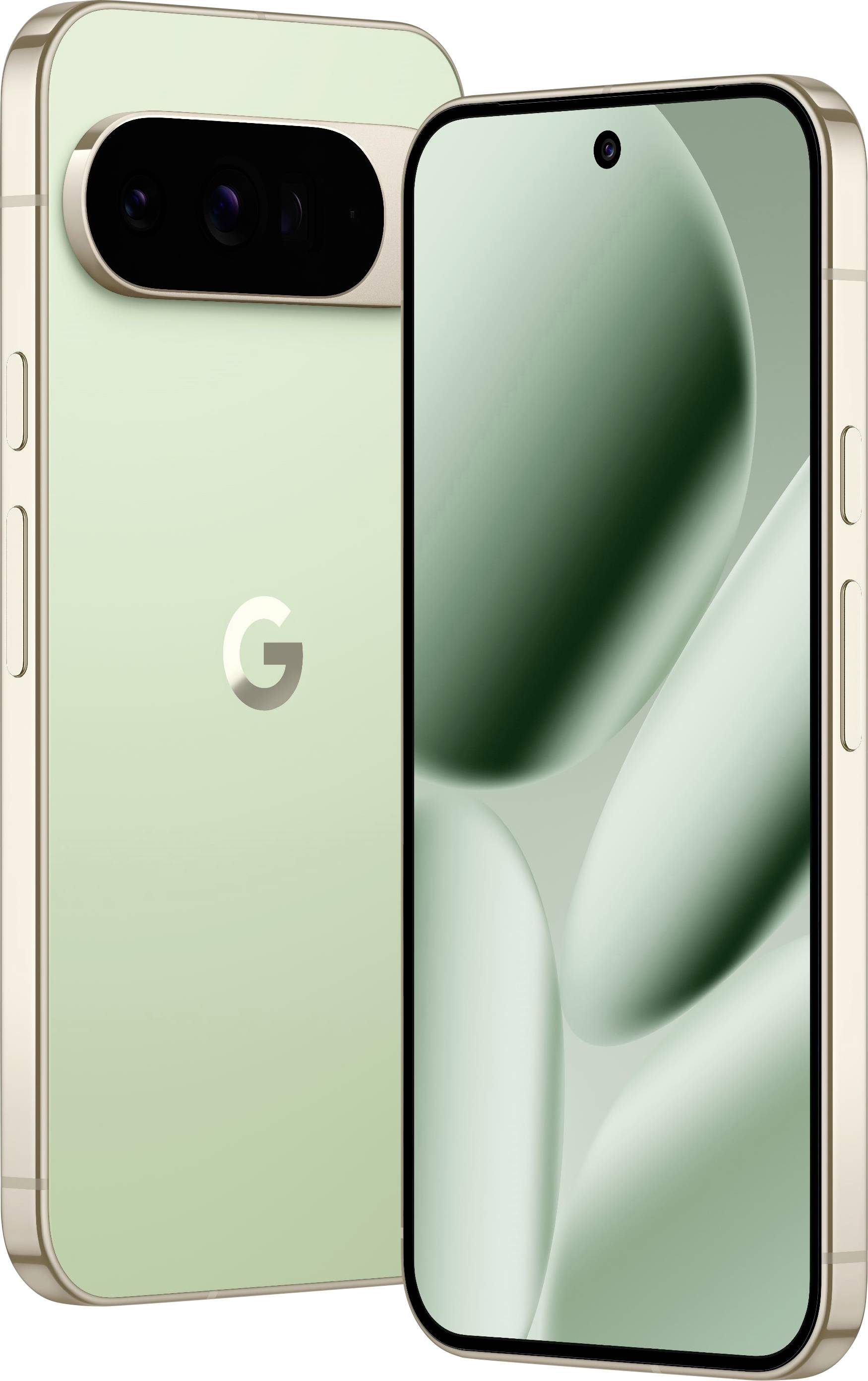 Un moderno smartphone con un case verde, dotato di un sistema di fotocamere posteriori e uno schermo che mostra forme astratte verdi.