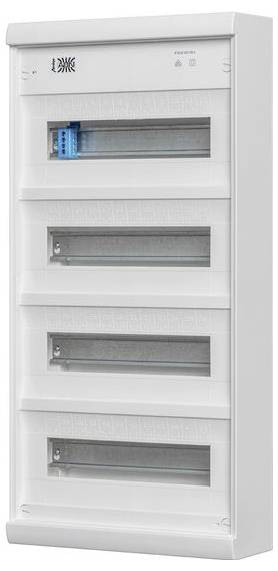 Un pannello di distribuzione elettrica bianco con quattro slot orizzontali, uno dei quali contiene un interruttore automatico blu, progettato per organizzare i circuiti elettrici.