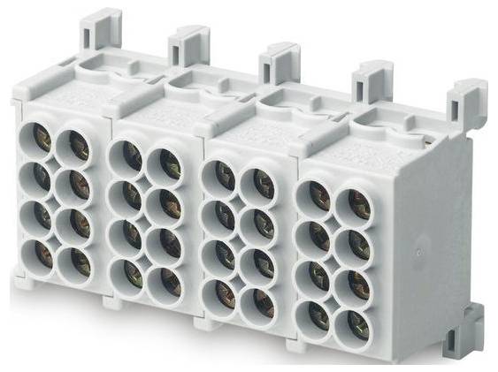 Un blocco terminale elettrico con quattro file di slot circolari per connessioni di cavi, utilizzato per organizzare e connettere circuiti elettrici.