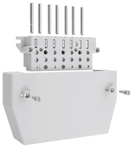 Un connettore modulare multi-porta con base metallica, connettori verticali in metallo e varie porte, probabilmente utilizzato per applicazioni industriali o elettriche.