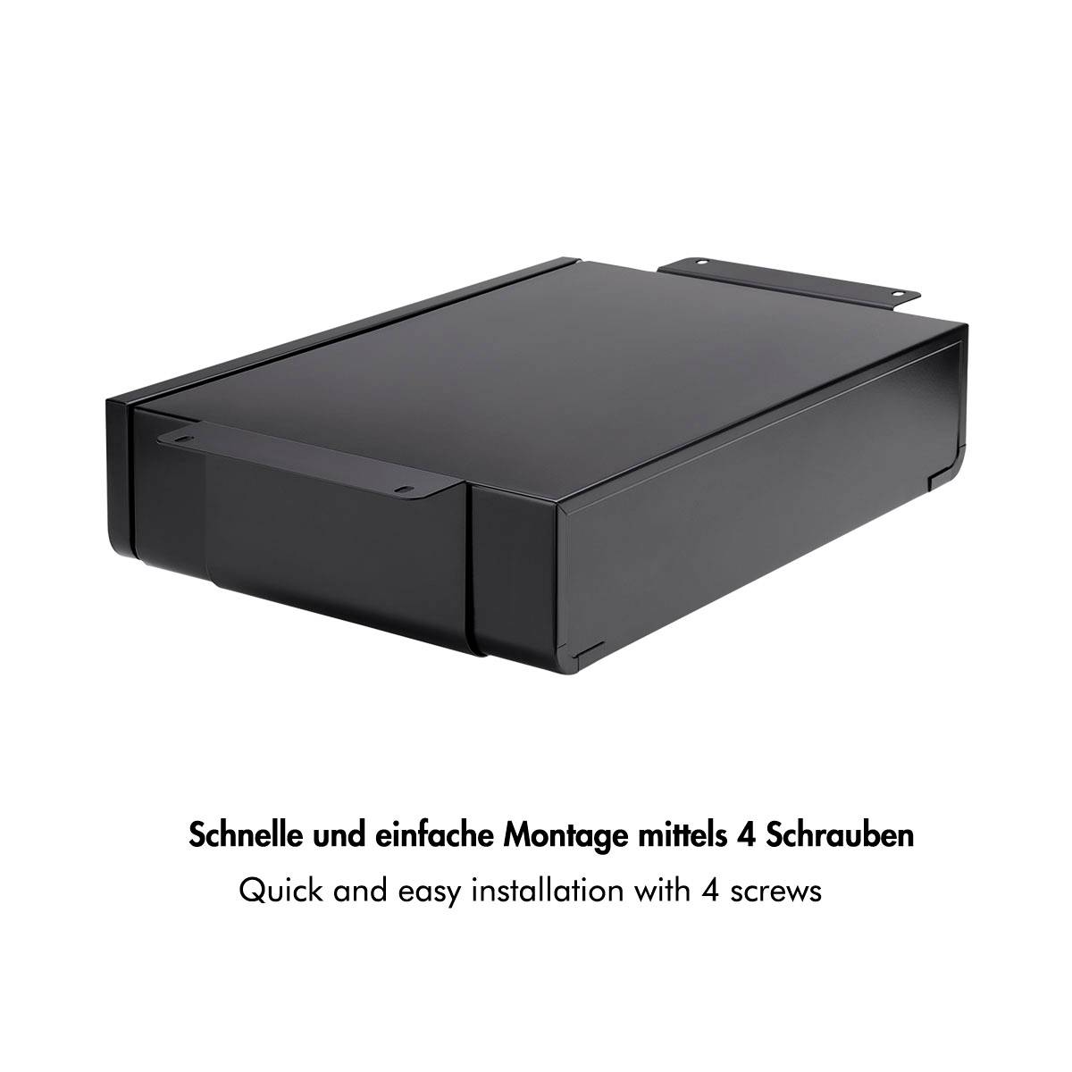 Una scatola rettangolare nera in metallo descritta come rapidamente e facilmente installabile con 4 viti.