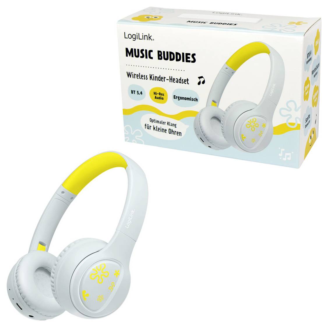 Una scatola con cuffie wireless per bambini, a marchio 'LogiLink Music Buddies', con un design giallo e bianco, dotate di caratteristiche ergonomiche.