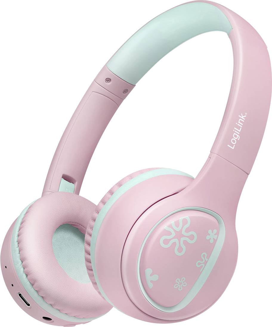 Cuffie over-ear rosa e azzurro chiaro con disegni floreali sui padiglioni, che presentano il logo del brand 'LogiLink' sulla fascia.