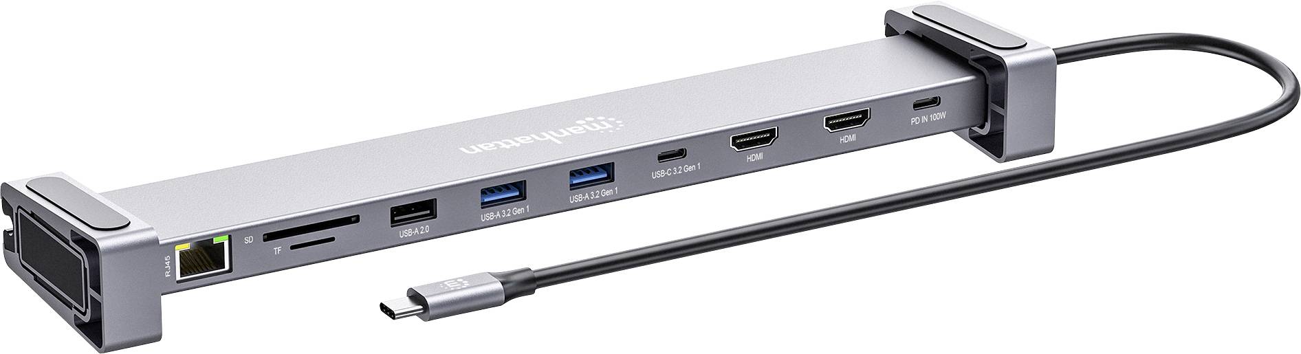 Un hub USB-C elegante e metallico con più porte tra cui USB-A, HDMI, Ethernet, slot per schede SD e un cavo di alimentazione, che offre soluzioni di connettività.