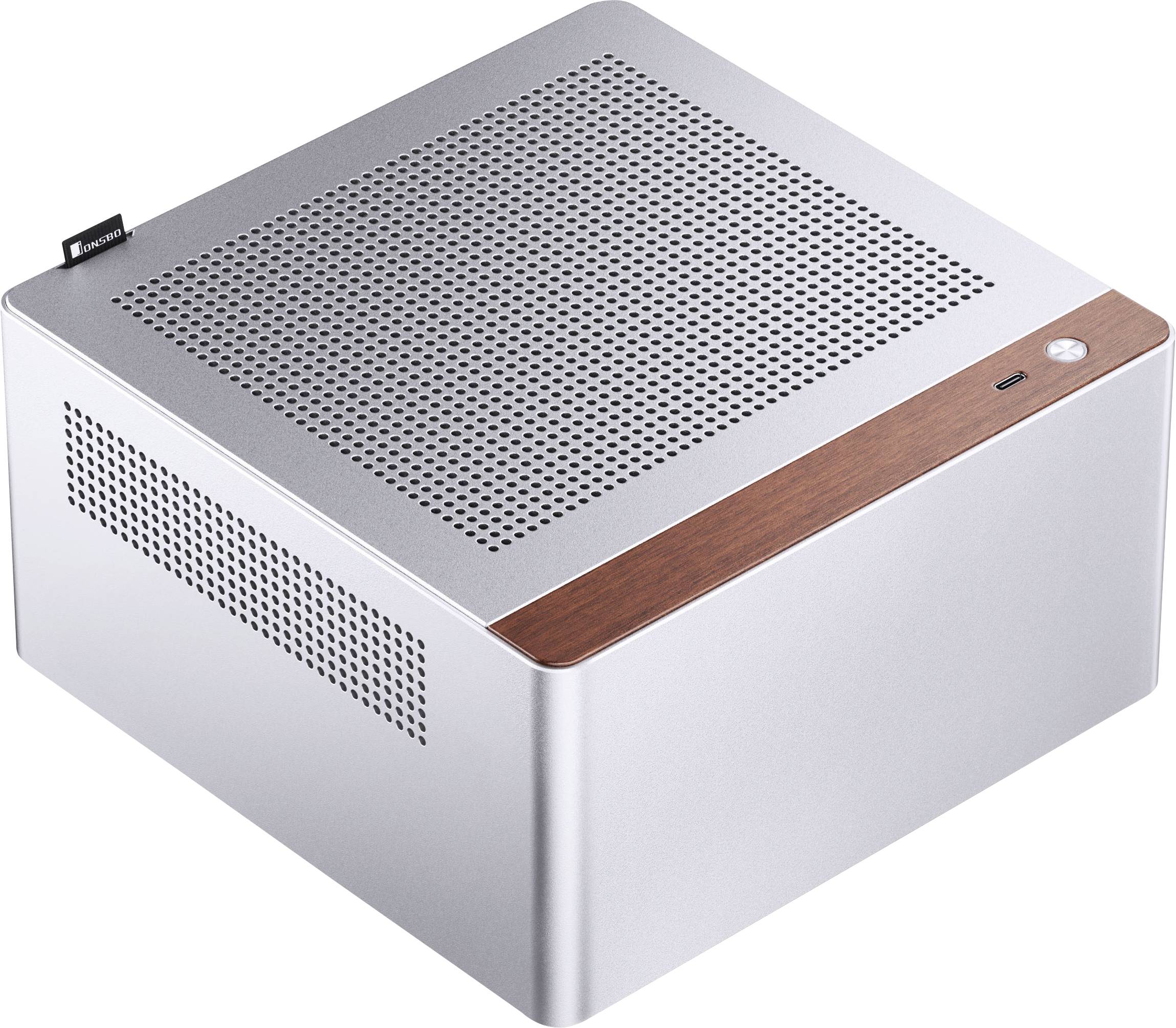 Un case per computer compatto, rettangolare, color argento con fori di ventilazione e un dettaglio in pannello di legno sul davanti, progettato per configurazioni di formato ridotto.