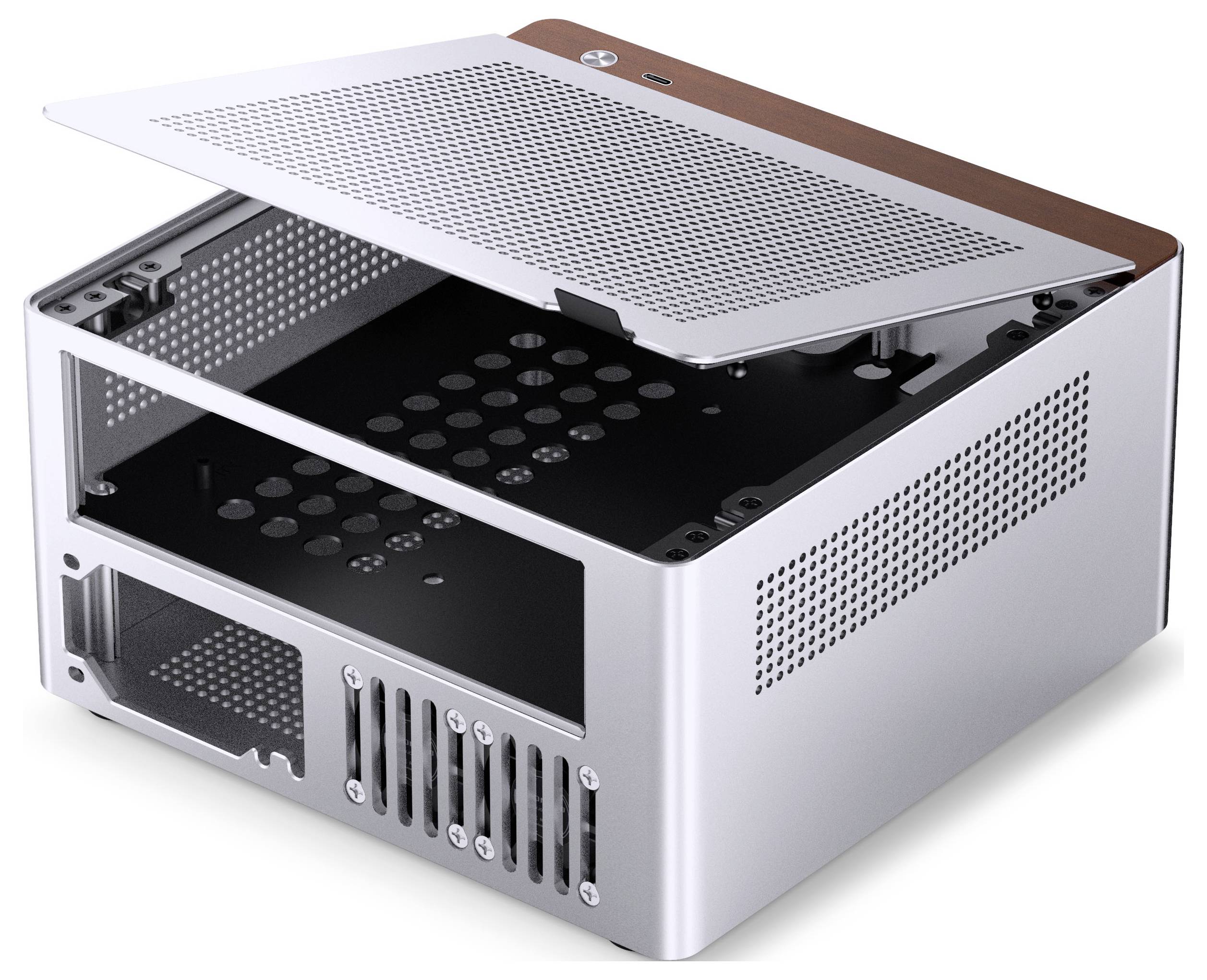 Un case per computer in metallo aperto con pannelli forati, che mostra gli slot per i componenti e un pannello laterale rimovibile.