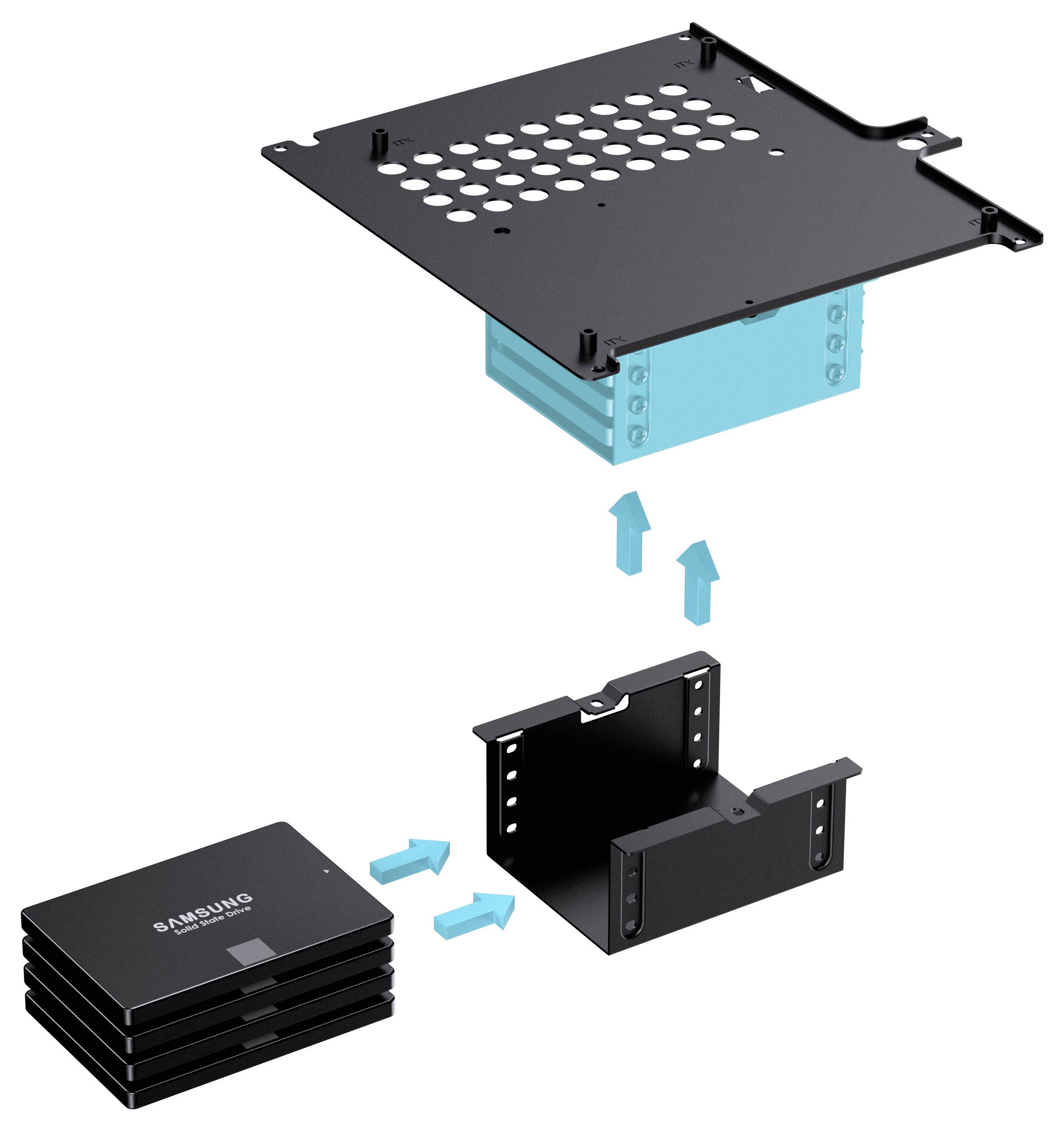 Diagramma che mostra l'assemblaggio di un supporto di montaggio e gli SSD. Le frecce indicano il posizionamento di quattro SSD in una gabbia, quindi il loro fissaggio a un supporto.