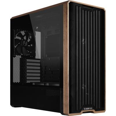 Un case per computer elegante, nero, con un pannello laterale trasparente e dettagli in legno, che mette in mostra i ventilatori interni e gli slot di espansione.
