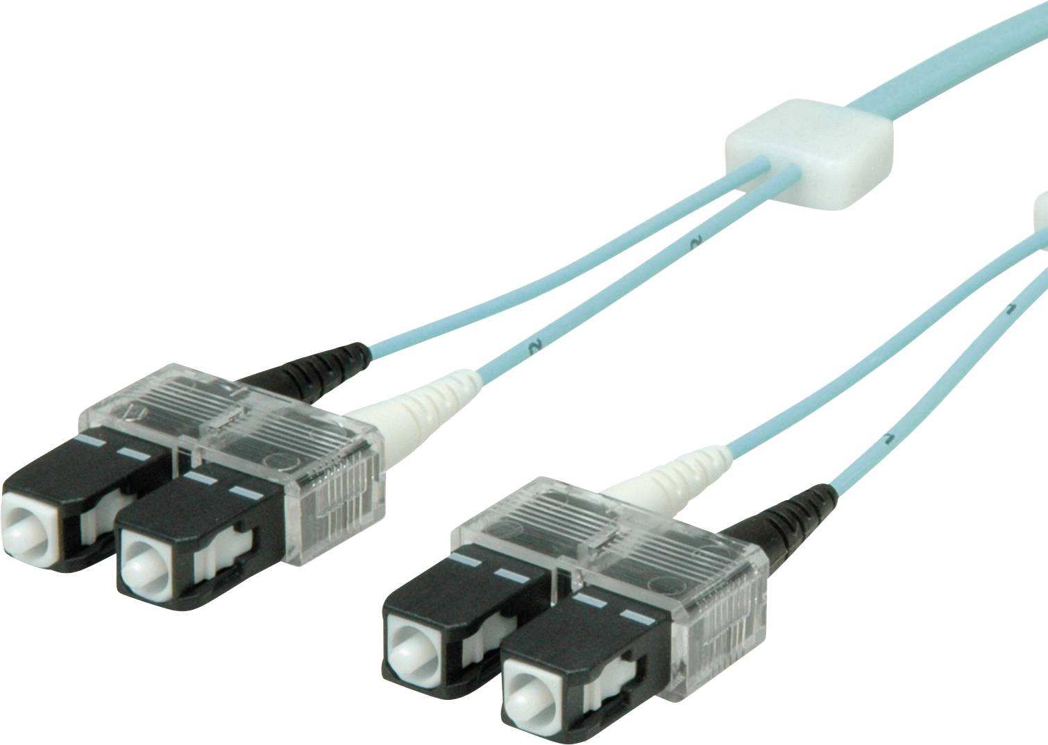 Una coppia di cavi in fibra ottica blu con connettori doppi, utilizzati per il trasferimento di dati ad alta velocity, che mostrano le loro estremità di connessione.