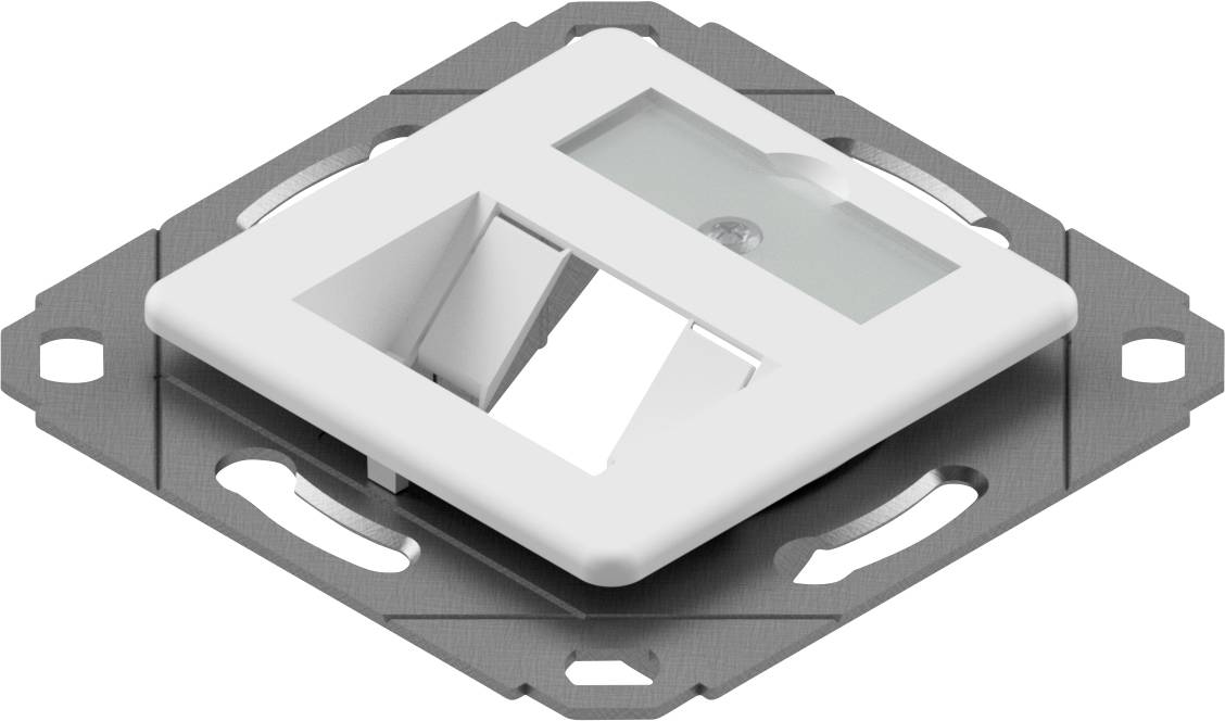 Una piastrina per presa elettrica bianca, inclinata, con due aperture, montata su un supporto di fissaggio scuro, progettata per connessioni elettriche.