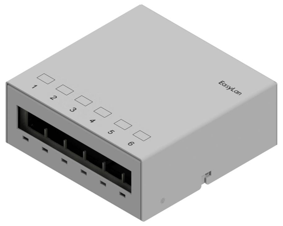 Un piccolo switch di rete grigio con sei porte Ethernet numerate, etichettato 'Easylon'.
