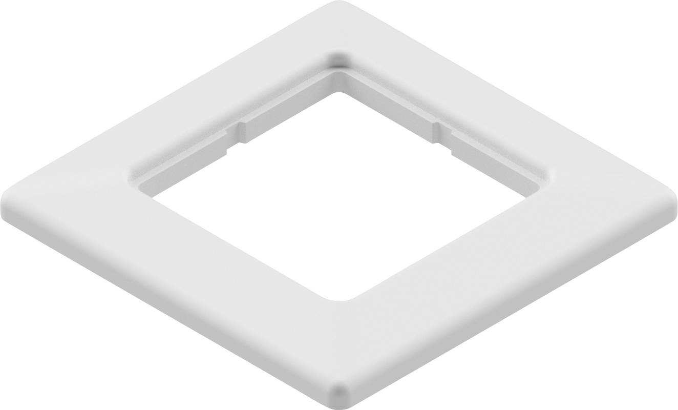 Un semplice riquadro di plastica bianca, quadrato, con un quadrato centrale ribassato e bordi leggermente rialzati, probabilmente un componente di copertura o cornice.