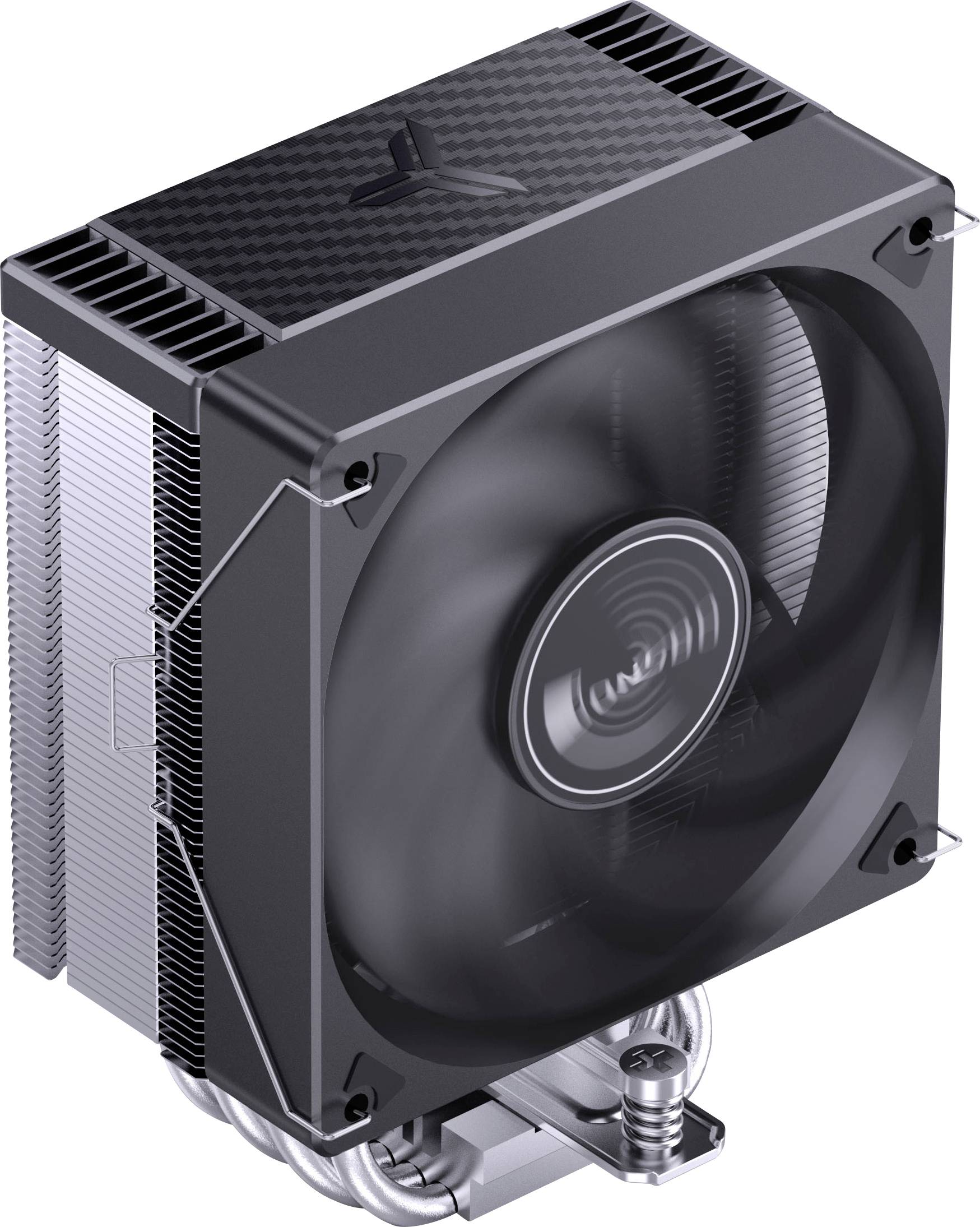 Un ventilatore nero per il raffreddamento del computer con un design a griglia sulla parte superiore, montato su un dissipatore di calore, utilizzato per dissipare il calore nei sistemi informatici.