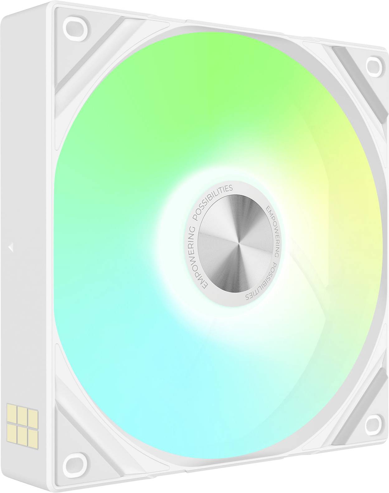 Un ventilatore per computer bianco con un bagliore sfumato di verde e blu dal centro, che mostra effetti di movimento circolare e illuminazione.