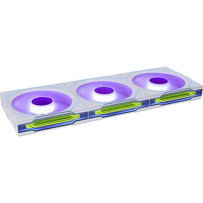 Un'unità di ventilazione bianca con tre ventole circolari affiancate, ciascuna con illuminazione LED viola e indicatori di flusso d'aria verdi.
