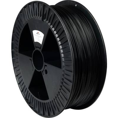 Un rocchetto nero di filamento per stampante 3D con un'etichetta che mostra un logo e del testo, che indica il tipo di prodotto e le specifiche.