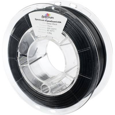 Un rocchetto di filamento nero ASA per stampante 3D, etichettato 'Spectrum FlameGuard ASA, Nero Profondo, Diametro: 1,75 mm, Peso netto: 0,25 kg'.