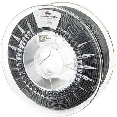 Un rocchetto trasparente di filamento 'Spectrum FlameGuard PLA' in grigio industriale, contrassegnato con intervalli di temperature e un'etichetta di collaudo qualità superato.