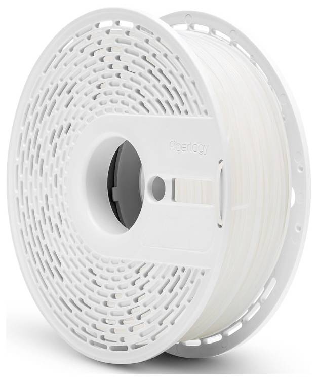 Un rocchetto bianco di filamento per stampante 3D con un design testurizzato, con scritto 'Fiberlogy' sul lato.