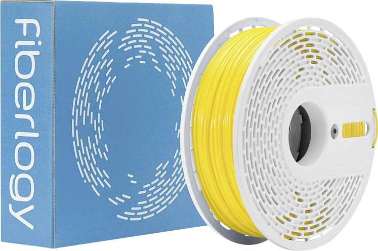 Un rocchetto di filamento giallo per stampa 3D accanto a una scatola blu etichettata 'Fiberlogy.'