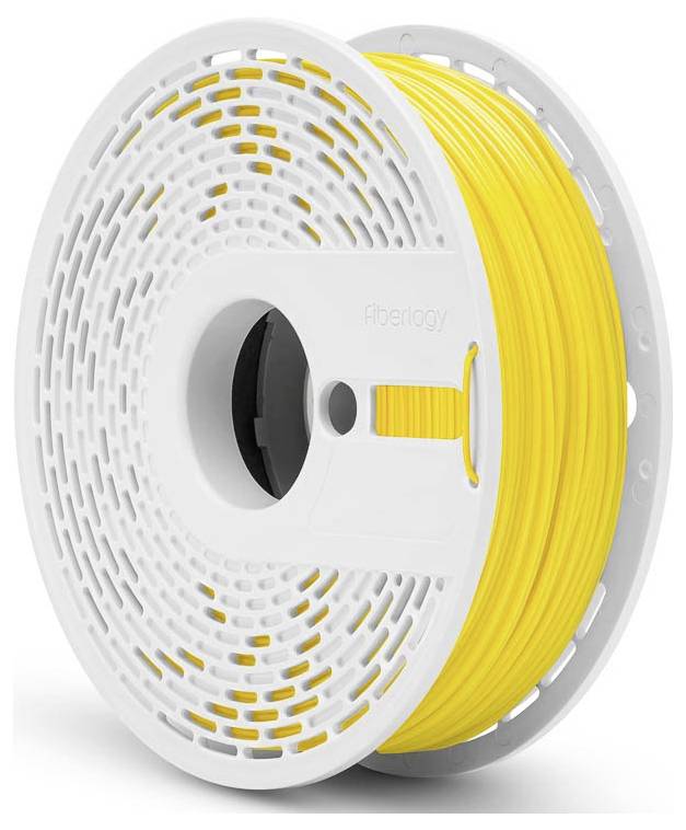 Un rocchetto di filamento per stampante 3D giallo brillante con un bordo bianco traforato e un'apertura centrale circolare, etichettato con 'fiberlogy'.