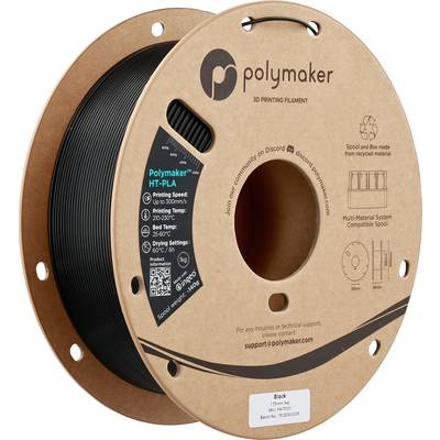 Una bobina di filamento per stampa 3D Polymaker HT-PLA di colore nero. L'etichetta riporta le specifiche di stampa, inclusa la velocità, la temperatura e il diametro.