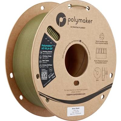 Rocchetto di filamento per stampa 3D 'Polymaker' HT-PLA-GF in verde militare, con dettagli su velocità di stampa, intervallo di temperatura e compatibilità dei rocchetti.