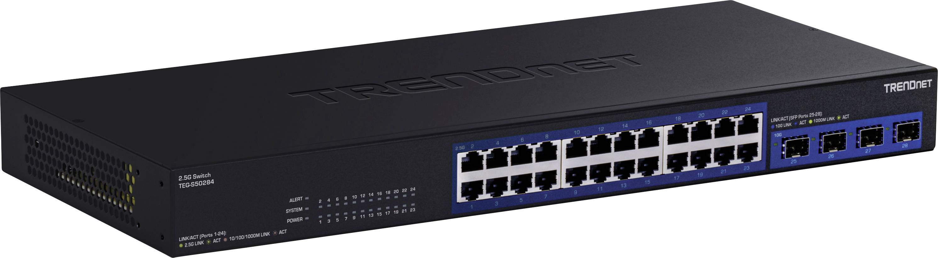 Uno switch di rete TRENDnet nero con 24 porte Ethernet e quattro porte aggiuntive per connessioni in fibra, progettato per la gestione di rete.
