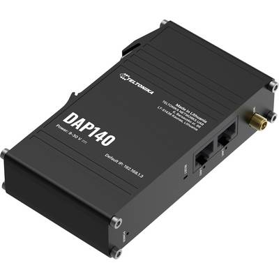 Un modem industriale nero etichettato 'Teltonika DAP140' con porte di alimentazione ed Ethernet, progettato per la connettività in ambienti industriali.