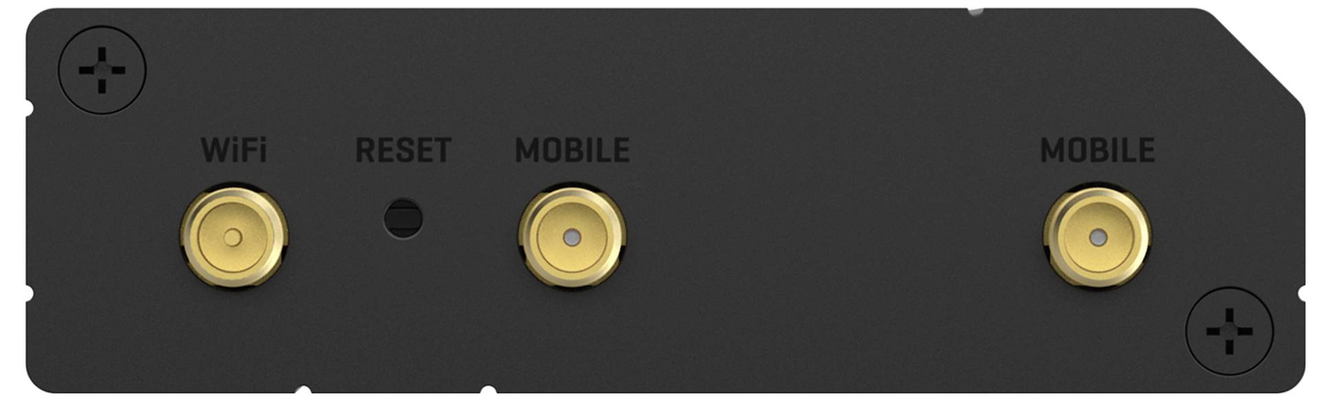 Un pannello del dispositivo nero con cinque porte etichettate 'WiFi', 'Reset', 'Mobile', 'Mobile'. Le porte sono circolari e color oro.