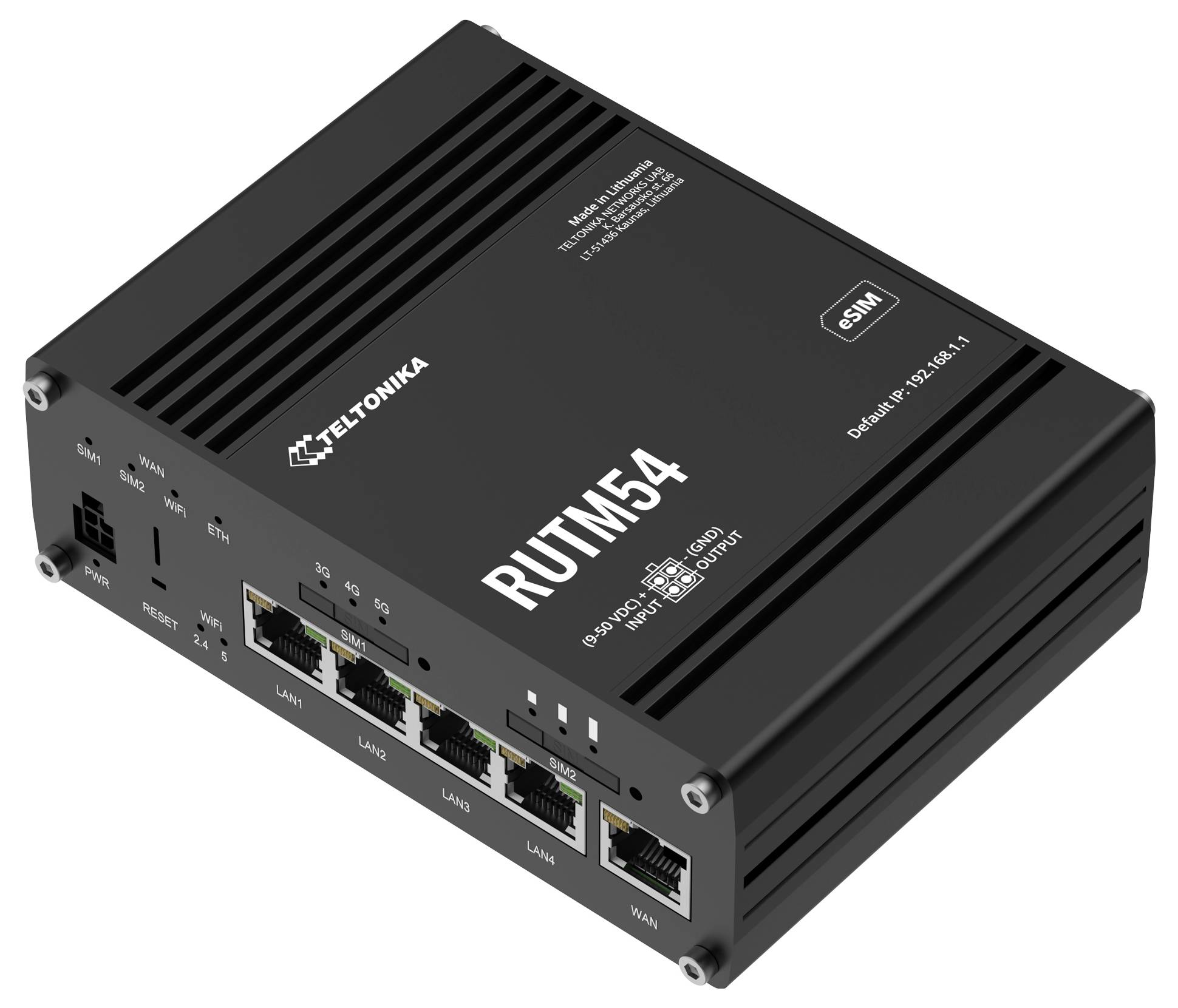 Router 'Teltonika RUTM54' con più porte ethernet, che mostra le specifiche tecniche sulla parte superiore.