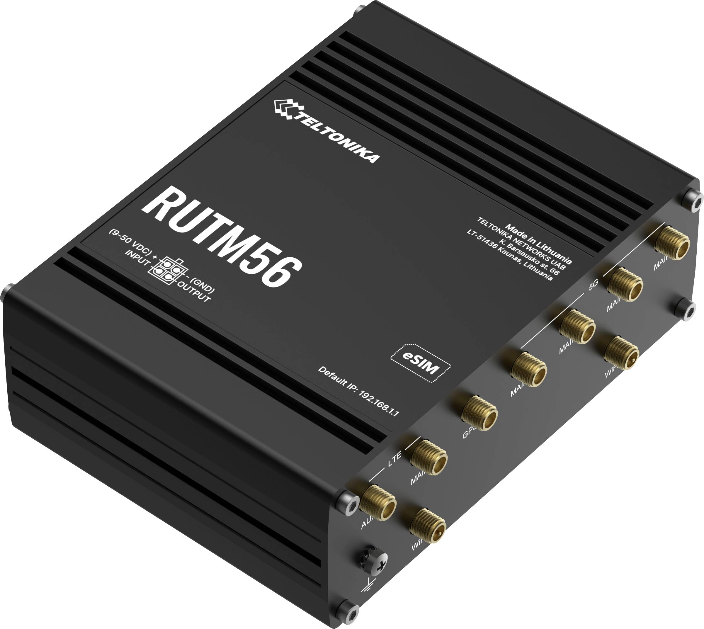 Un dispositivo nero Teltonika RUTM56 con multiple porte per antenna, etichettato eSIM, con dettagli del modello stampati sulla parte superiore.