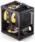 Un case compatto per PC personalizzato a telaio aperto con ventole LED arancioni illuminanti e componenti della scheda grafica e di raffreddamento visibili, che enfatizza una configurazione da gaming.