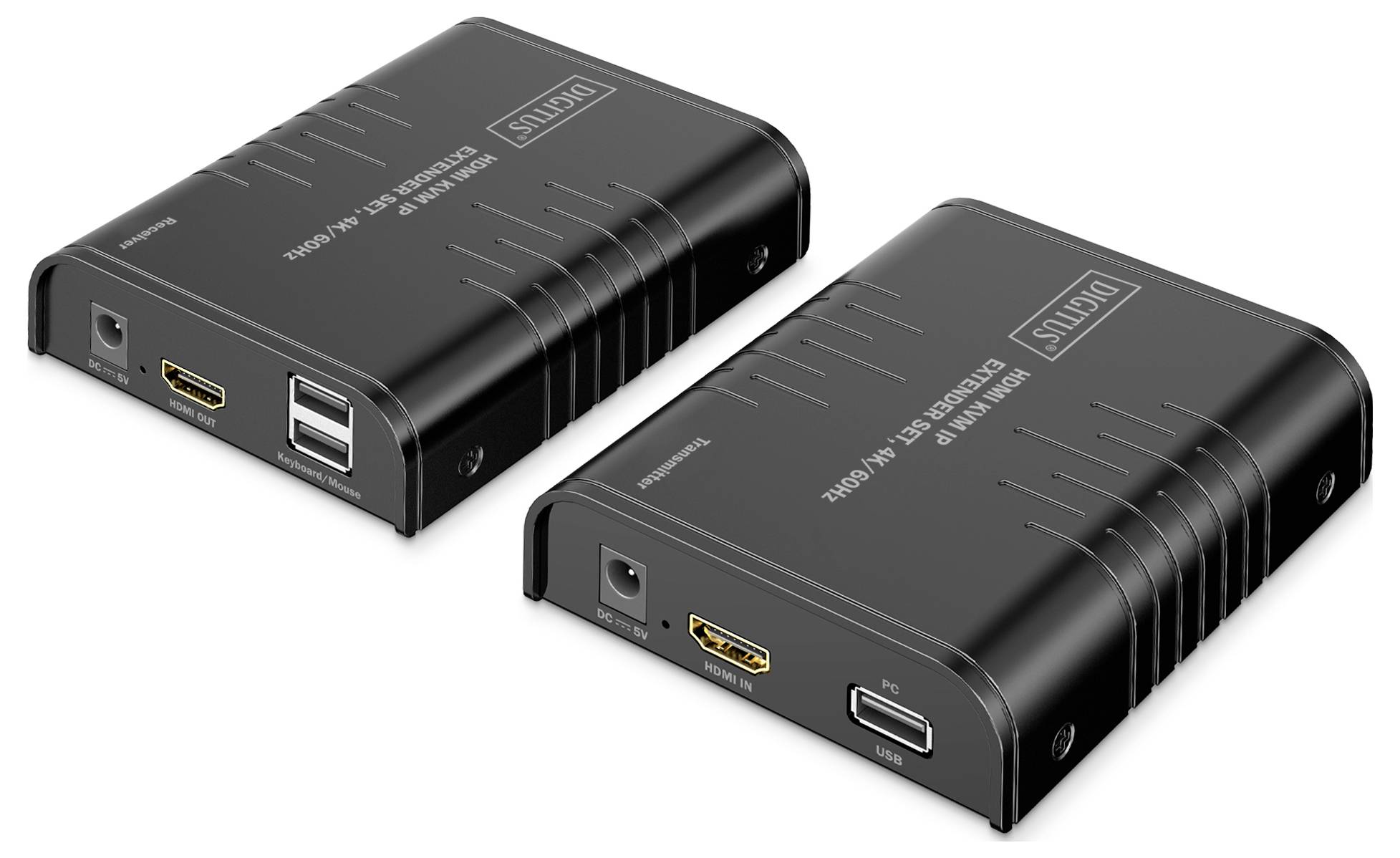 Due adattatori neri da HDMI a USB-C con porte multiple e design zigrinato, posizionati fianco a fianco su uno sfondo bianco.