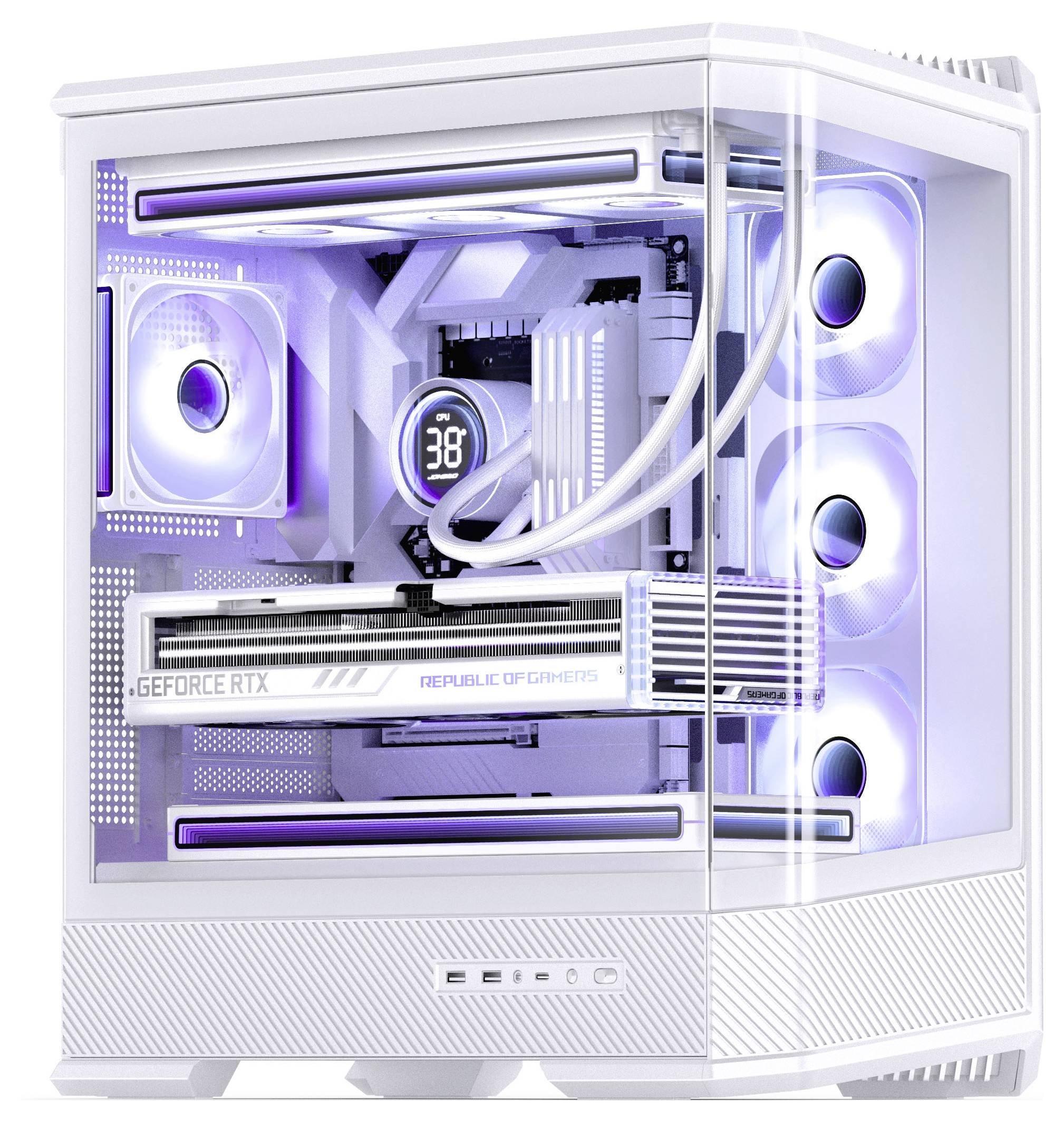 Un PC da gaming personalizzato bianco con illuminazione RGB, che presenta multiple ventole e una scheda grafica visibile etichettata 'GEFORCE RTX'.