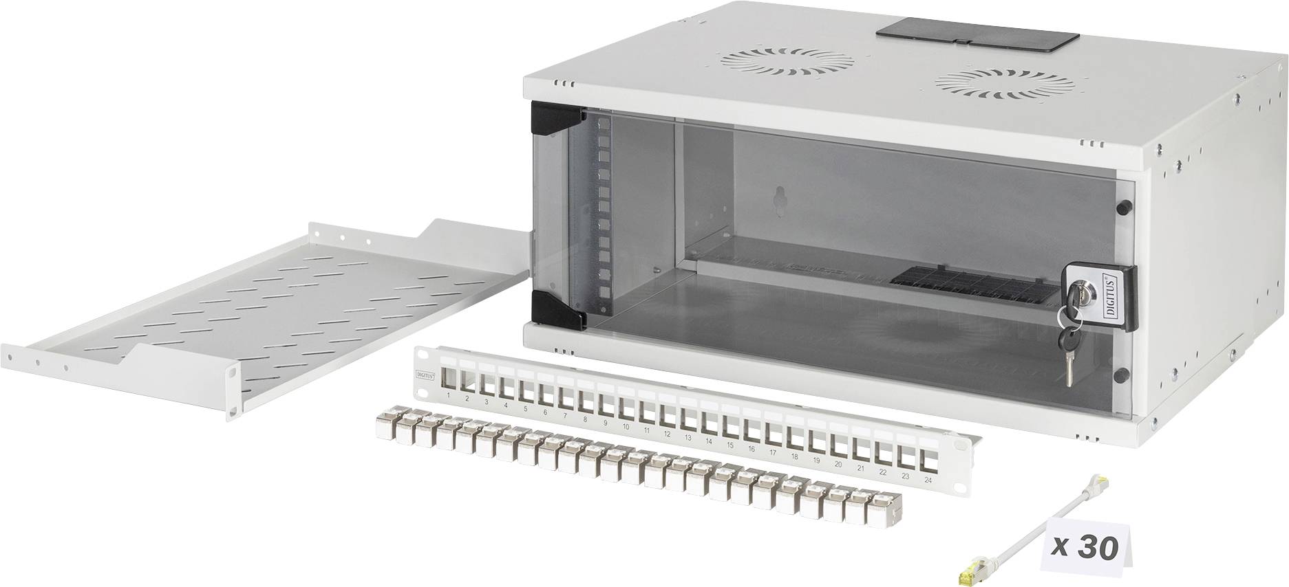 Un armadio di rete montabile a parete con porta bloccabile, ripiano rimovibile, patch panel da 24 porte e una confezione da 30 fascette per cavi.